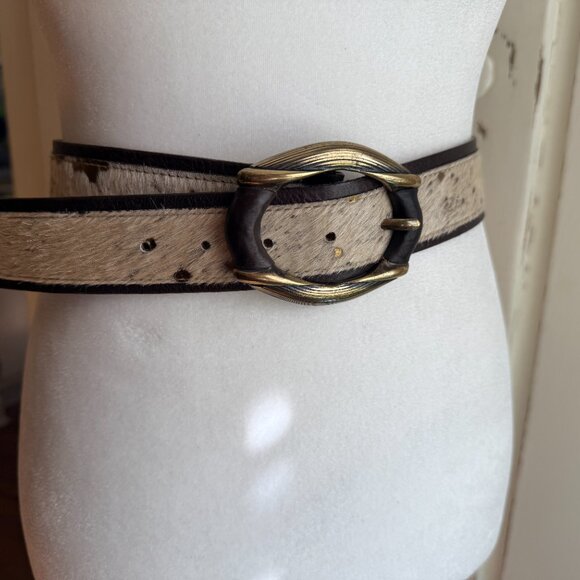 Streets Ahead Calf Hair Brown Metallic Gold Leather Belt EUC sz L - Picture 2 of 7